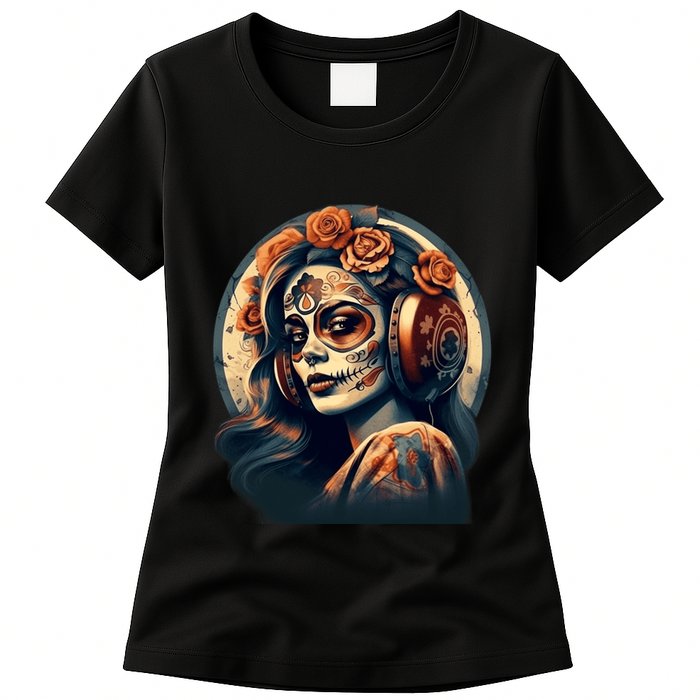 Dia De Los Muertos Calavera Retro Bomber Pinup Sugar Skull Womens T-Shirt