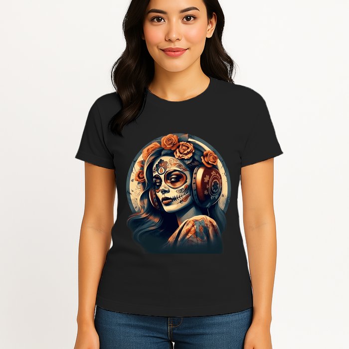 Dia De Los Muertos Calavera Retro Bomber Pinup Sugar Skull Womens T-Shirt
