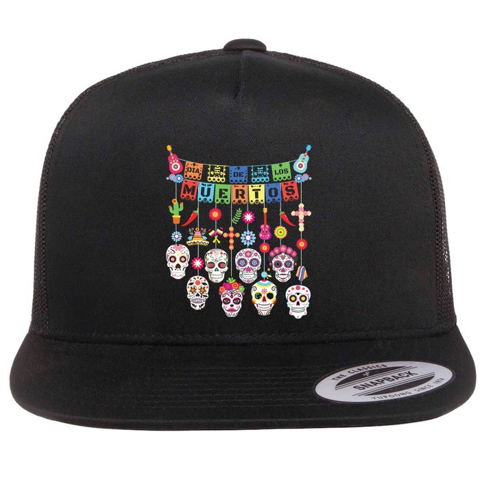 Dia De Los Muertos Funny Day Of The Dead Hanging Skulls Flat Bill Trucker Hat