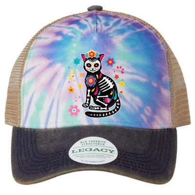 Dia De Los Muertos Cat Sugar Skull Mexican Day Of Dead Legacy Tie Dye Trucker Hat