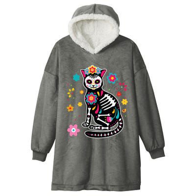 Dia De Los Muertos Cat Sugar Skull Mexican Day Of Dead Hooded Wearable Blanket