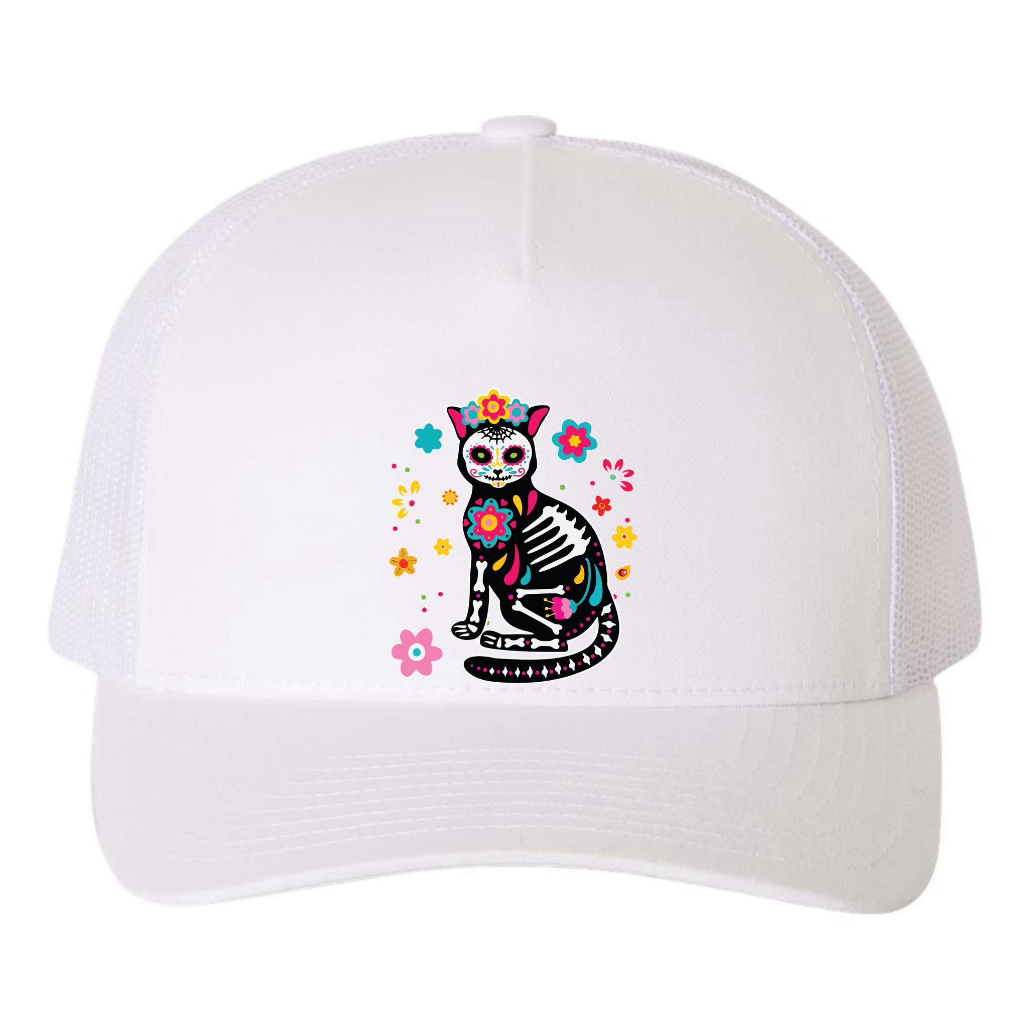 Dia De Los Muertos Cat Sugar Skull Mexican Day Of Dead Yupoong Adult 5-Panel Trucker Hat