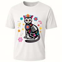 Dia De Los Muertos Cat Sugar Skull Mexican Day Of Dead Cooling Performance Crew T-Shirt