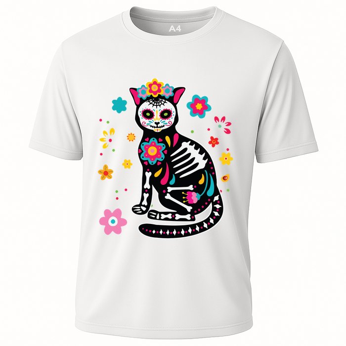 Dia De Los Muertos Cat Sugar Skull Mexican Day Of Dead Cooling Performance Crew T-Shirt