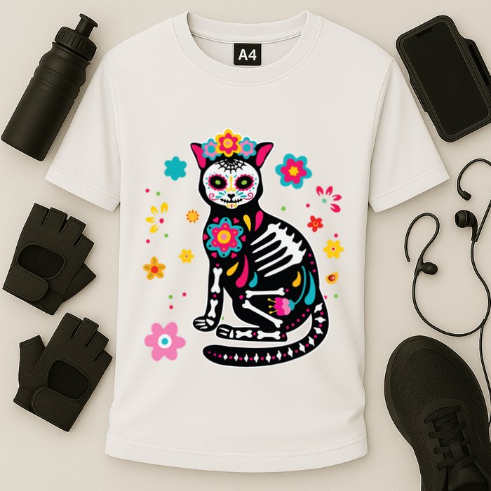 Dia De Los Muertos Cat Sugar Skull Mexican Day Of Dead Cooling Performance Crew T-Shirt