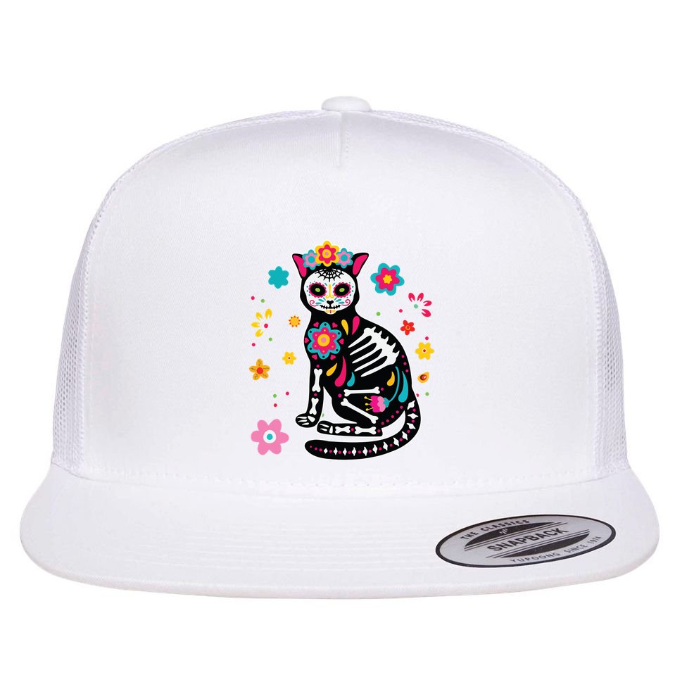 Dia De Los Muertos Cat Sugar Skull Mexican Day Of Dead Flat Bill Trucker Hat