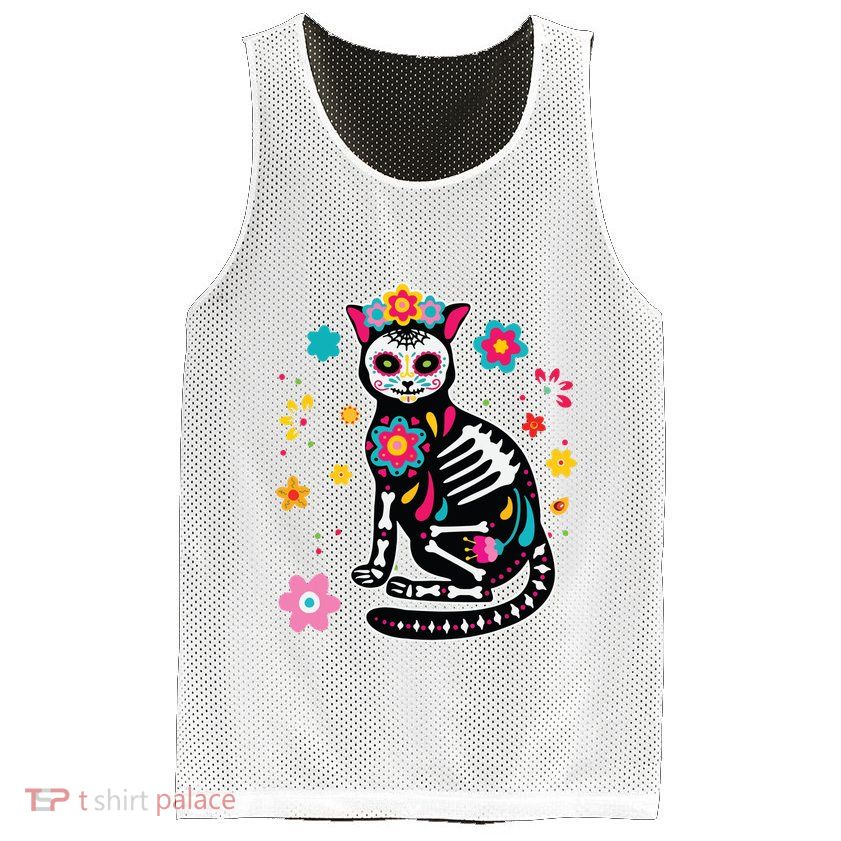 Dia De Los Muertos Cat Sugar Skull Mexican Day Of Dead Mesh Reversible Basketball Jersey Tank