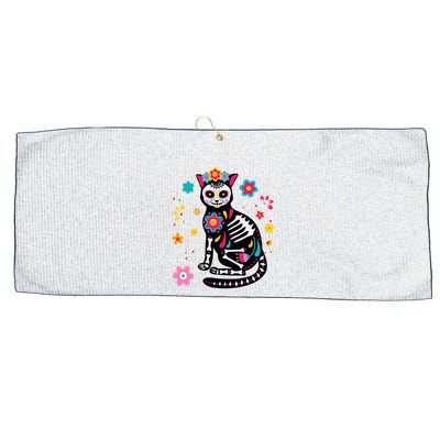 Dia De Los Muertos Cat Sugar Skull Mexican Day Of Dead Large Microfiber Waffle Golf Towel