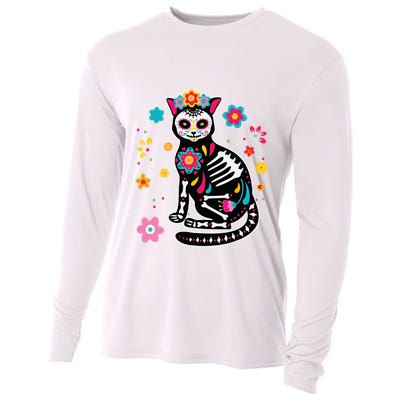 Dia De Los Muertos Cat Sugar Skull Mexican Day Of Dead Cooling Performance Long Sleeve Crew