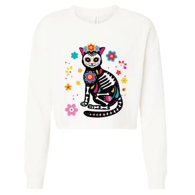 Dia De Los Muertos Cat Sugar Skull Mexican Day Of Dead Cropped Pullover Crew