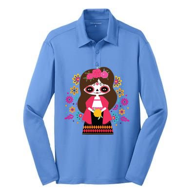 Dia De Los Muertos Mexican Kids Girl Sugar Skull Silk Touch Performance Long Sleeve Polo