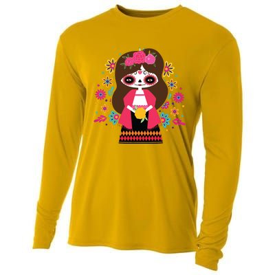 Dia De Los Muertos Mexican Kids Girl Sugar Skull Cooling Performance Long Sleeve Crew