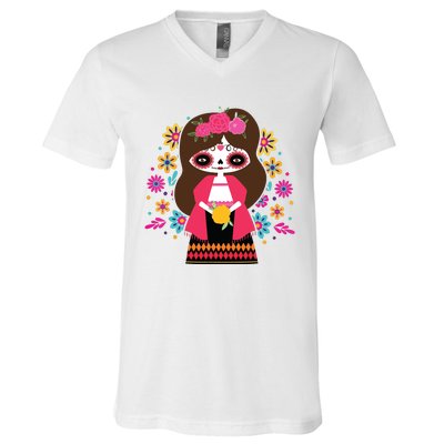 Dia De Los Muertos Mexican Kids Girl Sugar Skull V-Neck T-Shirt