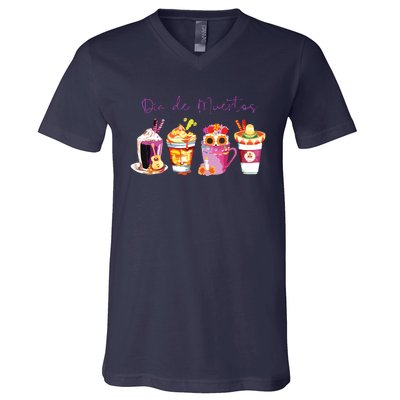 Dia De Los Muertos Skull Coffee Latte Day Of The Dead Drinks V-Neck T-Shirt