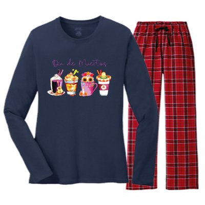 Dia De Los Muertos Skull Coffee Latte Day Of The Dead Drinks Women's Long Sleeve Flannel Pajama Set 