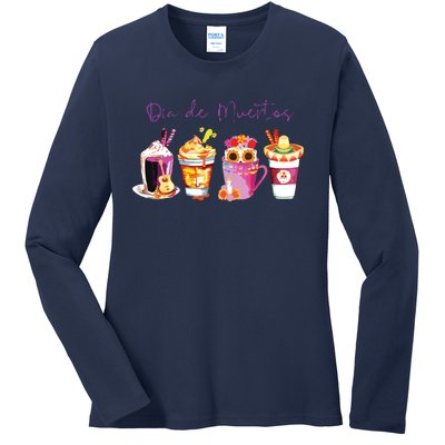 Dia De Los Muertos Skull Coffee Latte Day Of The Dead Drinks Ladies Long Sleeve Shirt