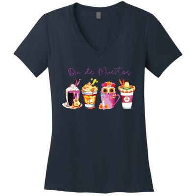 Dia De Los Muertos Skull Coffee Latte Day Of The Dead Drinks Women's V-Neck T-Shirt