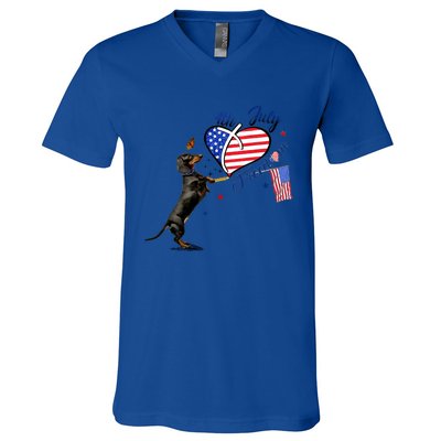 Dachshund Drawing Love America 4th Of July Freedom Day Funny Gift V-Neck T-Shirt