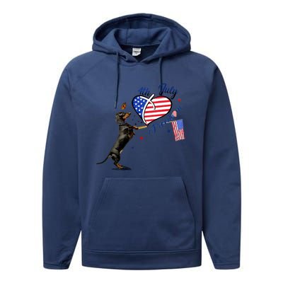 Dachshund Drawing Love America 4th Of July Freedom Day Funny Gift Performance Fleece Hoodie