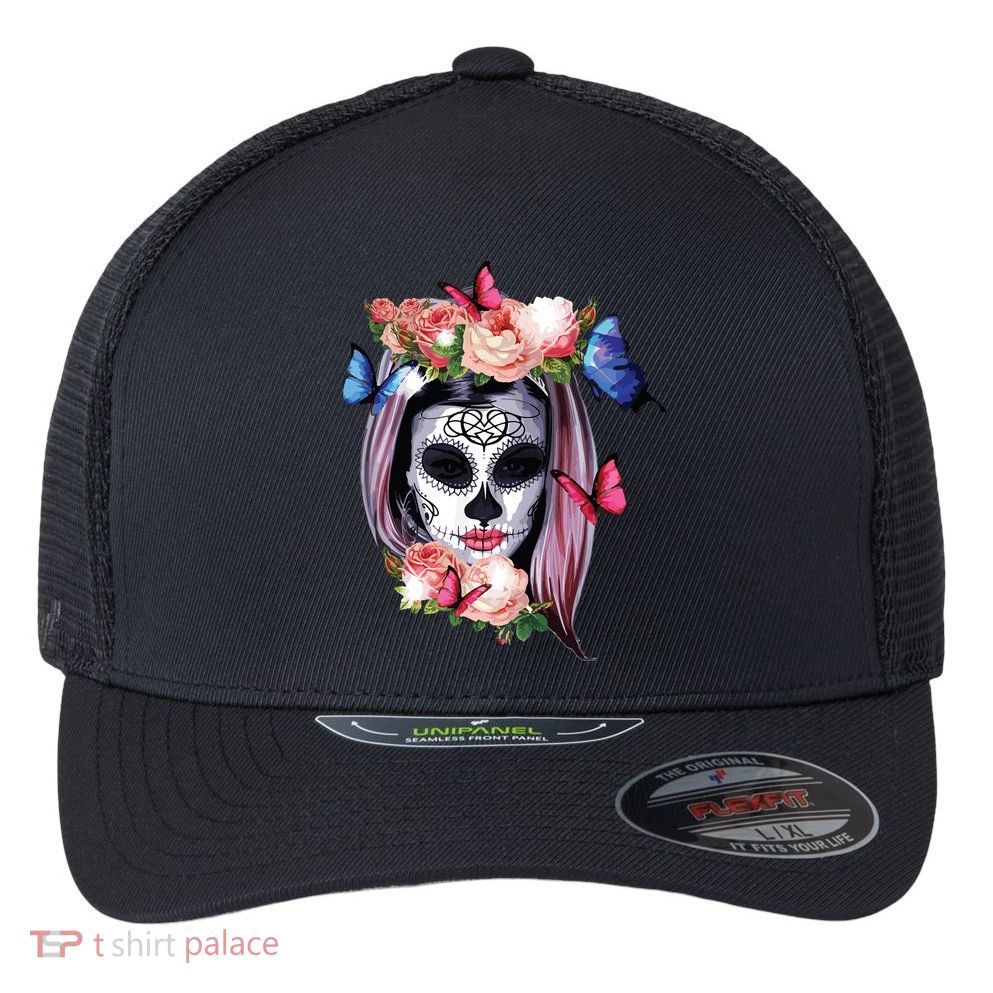 Dia De Los Muertos Sugar Skull Catrina Day Of The Dead Flexfit Unipanel Trucker Cap