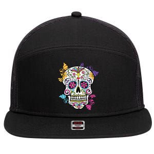 Dia De Los Muertos Sugar Skull 7 Panel Mesh Trucker Snapback Hat