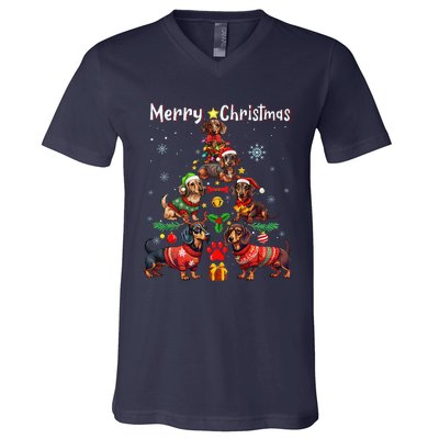 Dachshund Dogs Merry Christmas Tree Funny Dog Lovers Xmas V-Neck T-Shirt