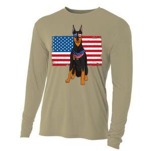 Doberman Dad & Mom American Flag 4th Of July Usa Funny Dog Cooling Performance Long Sleeve Crew