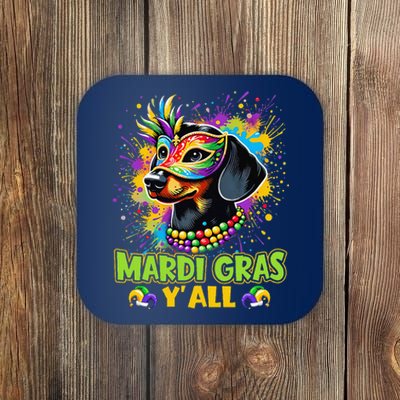 Dachshund Dog Mardi Gras YAll With Beads Mask Colorful Coaster