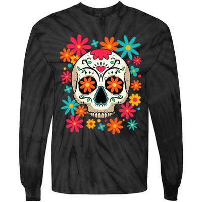 Dia De Muertos Day of The Dead Floral Sugar Skull Tie-Dye Long Sleeve Shirt