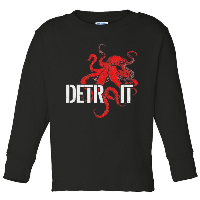 Detroit Downtown Motor City Octopus Kraken Souvenir Hockey Toddler Long Sleeve Shirt