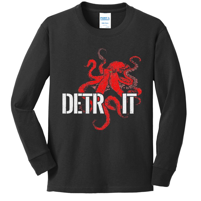 Detroit Downtown Motor City Octopus Kraken Souvenir Hockey Kids Long Sleeve Shirt