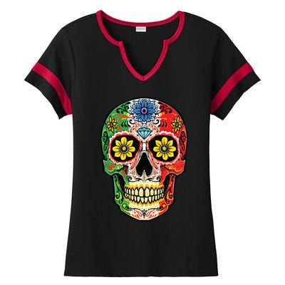 Dia De Muertos Cinco De Mayo Sugar Skull Mexican Flag Ladies Halftime Notch Neck Tee