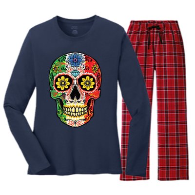 Dia De Muertos Cinco De Mayo Sugar Skull Mexican Flag Women's Long Sleeve Flannel Pajama Set 