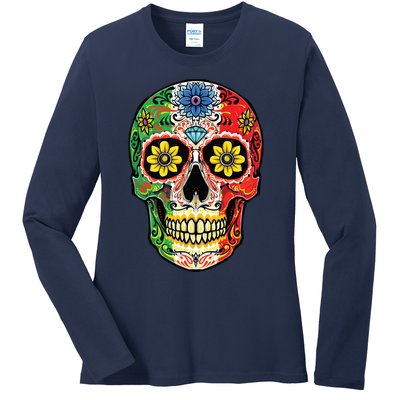 Dia De Muertos Cinco De Mayo Sugar Skull Mexican Flag Ladies Long Sleeve Shirt