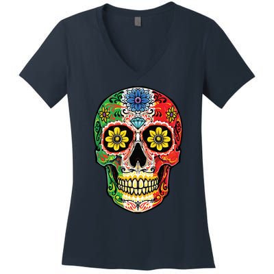 Dia De Muertos Cinco De Mayo Sugar Skull Mexican Flag Women's V-Neck T-Shirt