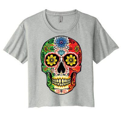 Dia De Muertos Cinco De Mayo Sugar Skull Mexican Flag Women's Crop Top Tee