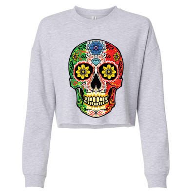 Dia De Muertos Cinco De Mayo Sugar Skull Mexican Flag Cropped Pullover Crew