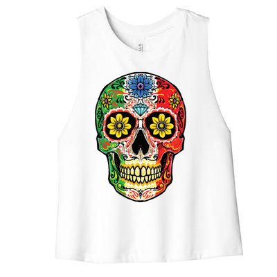 Dia De Muertos Cinco De Mayo Sugar Skull Mexican Flag Women's Racerback Cropped Tank