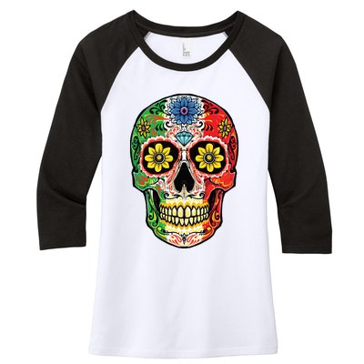 Dia De Muertos Cinco De Mayo Sugar Skull Mexican Flag Women's Tri-Blend 3/4-Sleeve Raglan Shirt