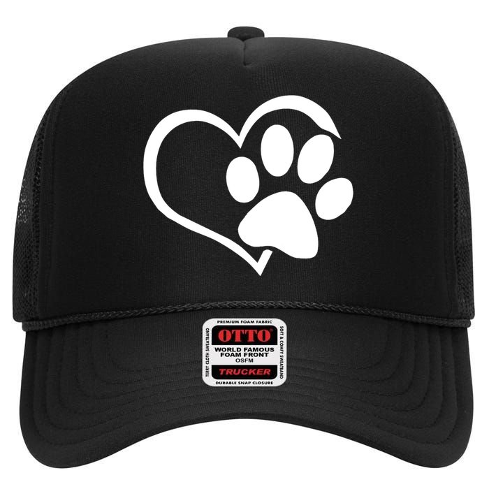 Dog Dad Mom Puppy Love Dogs Paw Print Heart High Crown Mesh Back Trucker Hat