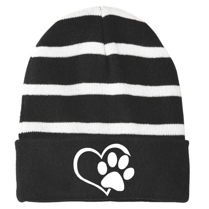 Dog Dad Mom Puppy Love Dogs Paw Print Heart Striped Beanie with Solid Band