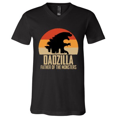 Dinosaur Dad Monsters FatherS Day Dadzilla Dino Sunset V-Neck T-Shirt