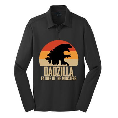 Dinosaur Dad Monsters FatherS Day Dadzilla Dino Sunset Silk Touch Performance Long Sleeve Polo