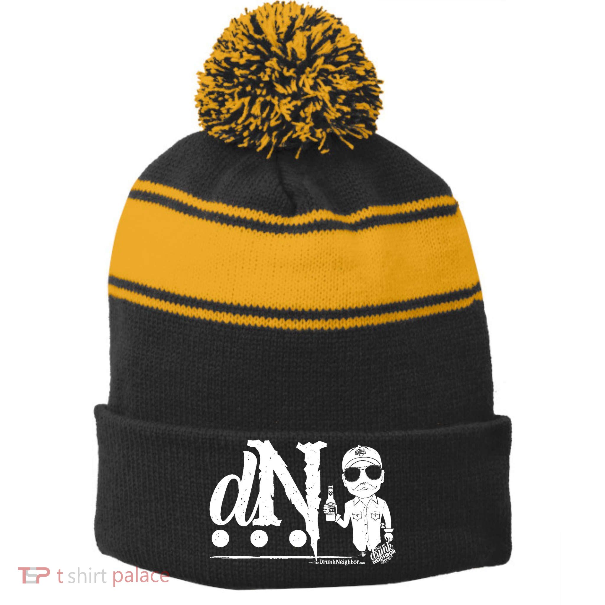 DN Drunk Neighbor 3Dot Logo (C) The Lit Texan (Dark) Stripe Pom Pom Beanie
