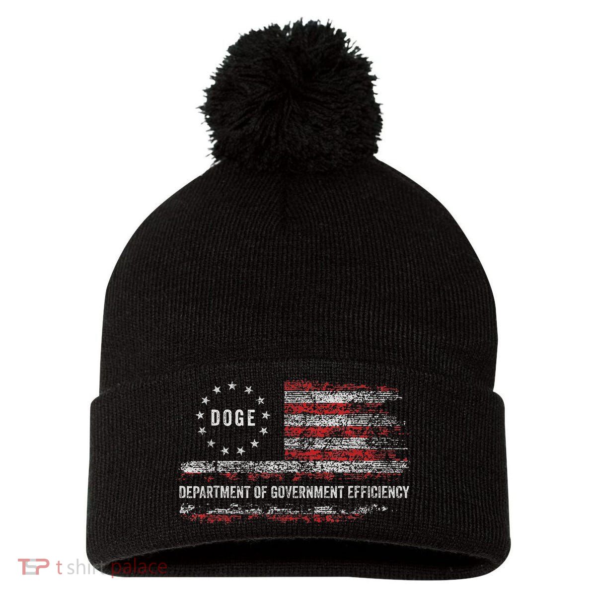 Doge Department Of Government Efficiency D.O.G.E. Us Flag Pom Pom 12in Knit Beanie