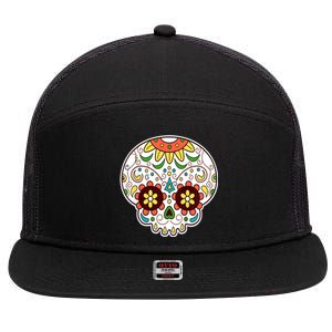 DOD Day Of The Dead Sugar Floral Skull Head 7 Panel Mesh Trucker Snapback Hat