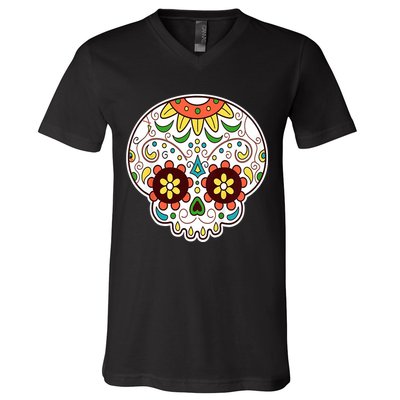 DOD Day Of The Dead Sugar Floral Skull Head V-Neck T-Shirt