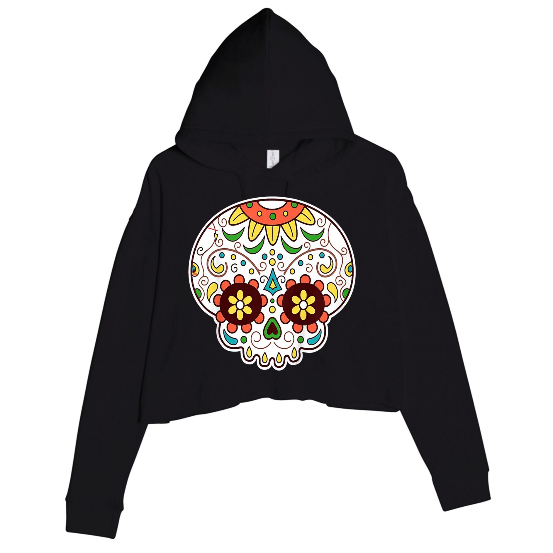 DOD Day Of The Dead Sugar Floral Skull Head Crop Fleece Hoodie