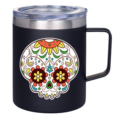 DOD Day Of The Dead Sugar Floral Skull Head 12oz Stainless Steel Coffee Mug