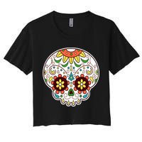 DOD Day Of The Dead Sugar Floral Skull Head Women's Crop Top Tee